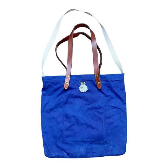 Lucky Brand Tote Bag Blue Canvas Crossbody Logo Leather Top Handles - Picture 2 of 11